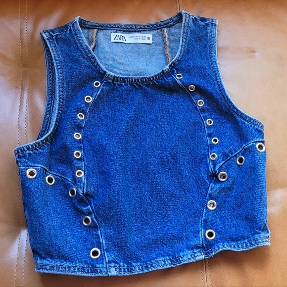 Zara denim ring mid blue sleeveless zip side crop top (xs) - Picture 3 of 4